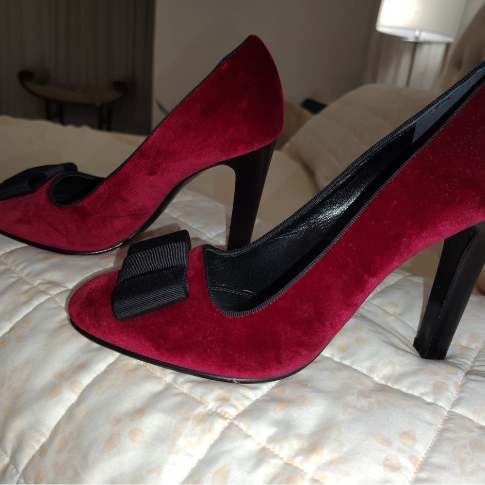 Ralph Lauren Purple Label Red Velvet Heels with Black Bow